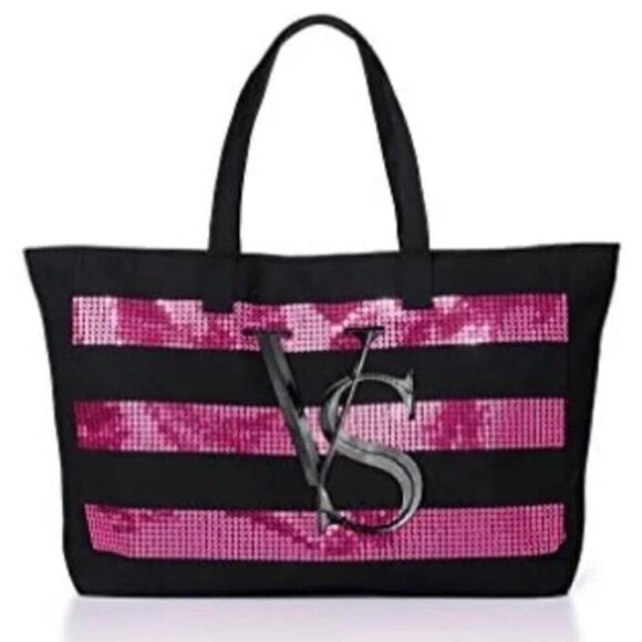 Victoria's Secret HUGE Zippered Tote, Black with Hot Pink Sequins - Picture 1 of 9
